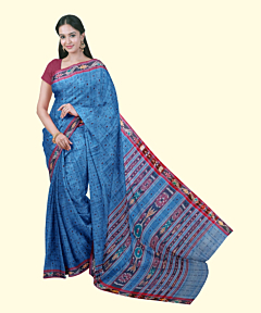 Blue Red Sambalpuri Handwoven Single Ikat Cotton Saree SFCSAR2469