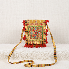 Yellow Embroidered Mobile Sling with Red Tassels | Daily Phone Pouch