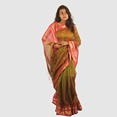 Authentic Maheshwari Cotton Silk Handloom Saree with Unstitched Blouse Olive Green