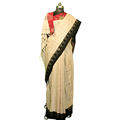 Authentic Kotpad Off-White Tussar Saree | Black & Maroon Tribal Motifs with Woven Striped Pallu | Koraput Handloom