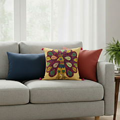 Beige Peacock Charm Embroidered Cotton Cushion Cover