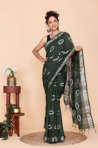 Semi Linen Saree for Women with Running Blouse Piece | Shibori Design | Silver Zari Border | Cotton by Semi Linen Fabric