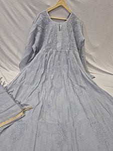 Semi-Stitched A-Line Gown with Chikankari & Mukesh Work