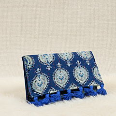 Blue Printed Motif Clutch with Tassels 