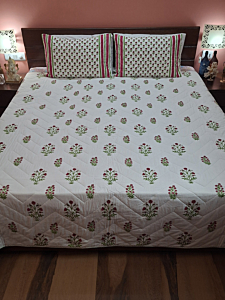 Chaap Crimson Hand Block Printed Blossom Quilted Bed Cover with Pillow Covers