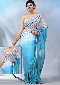 Linen Embroidery Saree Half & Half Design with Plain Border & Running Blouse - 100 Count Premium Linen