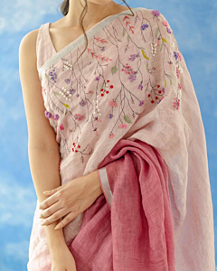 Linen Embroidery Saree Half & Half Design with Plain Border & Running Blouse - 100 Count Premium Linen