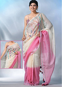 Linen Embroidery Saree Half & Half Design with Plain Border & Running Blouse - 100 Count Premium Linen