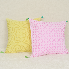 Set of 2 Pastel Yellow & Pink Applique Cutwork Cushion Covers 