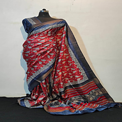 Handmade Pure Tussar Silk Hand Block Print Saree I Red and Blue