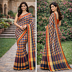 Gamcha saree, with Blouse and check pattern of blue & Orange