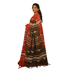 Authentic Kotpad Traditional Cotton Saree | Terracotta Red with Black Tribal Motifs & Woven Striped Pallu | Handwoven by Koraput Tribal Artisans