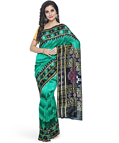 Deep Green-Cyan Turquoise khandua silk saree