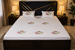 Hand Embroidered White Cotton Double Bedsheet with 2 Pillow Covers | Floral Design | Handmade by Indian Artisans
