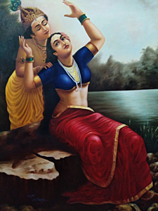 Raja Ravivarma painting recopy work  Radha  and Krishna Canvas Cloth Oil painting Size 38*54 inch