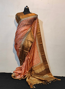 Handcrafted Pure Tussar Silk Saree I Peach
