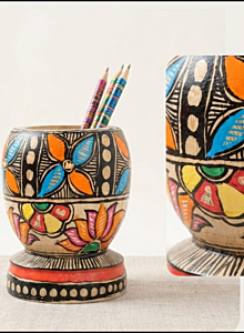 Handcrafted Bamboo Pen Stand With Hand Painted Madhubani  Painting