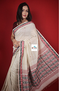 ARBEE Handloom Pure Cotton Jamdani BEAGE Color Half Circle Motif Anchal with Half Circle Motif Border Regular Wear Saree With Blouse Piece