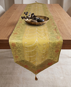 Handmade Silk Table Runner 14 x 72 Inches Aari Zari Embroidery Traditional Dining Table Runner Floral Embroidered Home Decor Varanasi Handcrafted Colovila - Golden Colour