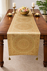 Premium Banarasi Brocade Silk Table Runner -Ethnic Mandala Design  16 x 72 inches - 6 Ft Long, Beige Golden