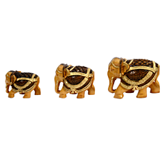 Handcrafted Wooden Elephant Set with Golden Painting 3 Piece BH00580