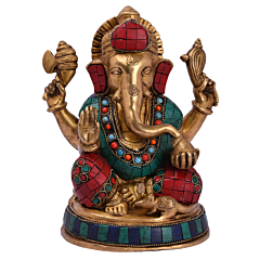 Brass Stone Work Medium Lord Ganesha Statue Idol KBH05054