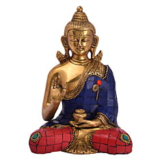 Brass Stone Work Sitting Buddha Medium Statue Idol KBH05056