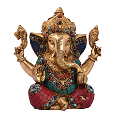 Brass Stone Work Medium Sitting Lord Ganesha Statue Idol KBH05058