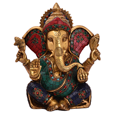 Brass Stone Work Sitting Ganesh Big Ear Medium Statue Idol KBH05059