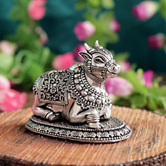 Decorative Silver Finish Nandi Murti for Pooja Room & Spiritual Decor BH12087