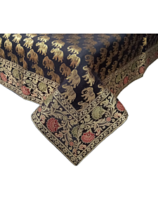 Brocade Silk Table Cloth Square 1 Meter x 1 Meter | Decorative Dining Table Mat with Golden Jacquard Weave | Elegant Home Decor for Festive & Special Occasions - Black