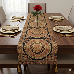 Premium Banarasi Brocade Silk Table Runner -Ethnic Mandala Design  16 x 72 inches - 6 Ft Long, Black