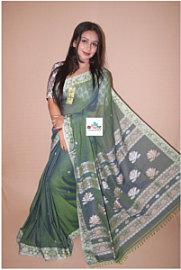 ARBEE Pure Handloom Cotton Jamdani Duel Tone Color blue with green Lotus Motif Saree with Blouse Piece, Wide Lotus Design Border, Attached Unstitched Blouse Piece