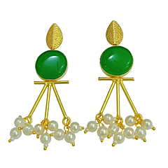 18K Gold Plated Brass Earrings with Green Monalisa Stone & Pearl Drops – Premium Designer Earrings