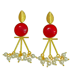 18K Gold Plated Brass Earrings with Monalisa Stone & Pearl Premium Designer Earrings