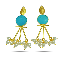 18K Gold Plated Brass Earrings with Blue Monalisa Stone & Pearl Drops – Premium Designer Earrings