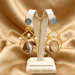 18K Gold Plated Brass Earrings with Sky Blue Monalisa Stone & Mother of Pearl