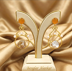 18K Gold Plated Brass Earrings with Orange Monalisa Stone & Mother of Pearl