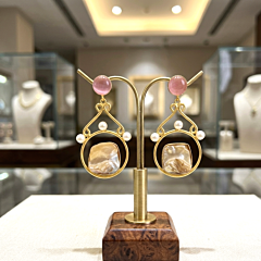18K Gold Plated Brass Earrings with Pink Monalisa Stone & Mother of Pearl