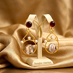 18K Gold Plated Brass Earrings with Red Monalisa Stone & Mother of Pearl