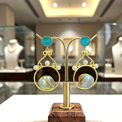 18K Gold Plated Brass Earrings with Blue Monalisa Stone & Mother of Pearl