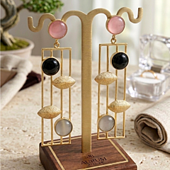 18K Gold Plated Brass Statement Earrings with Pink, black, white Monalisa Stones – Geometric Designer Drop Earrings for Women & Girls