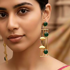 18K Gold Plated Brass Statement Earrings with Teal Monalisa Stones – Geometric Designer Drop Earrings for Women & Girls