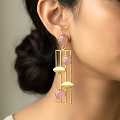 18K Gold Plated Brass Statement Earrings with Pink Monalisa Stones – Geometric Designer Drop Earrings for Women & Girls