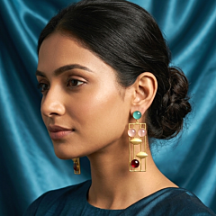 18K Gold Plated Brass Statement Earrings with Red, Pink and Sky Blue Monalisa Stones – Geometric Designer Drop Earrings for Women & Girls