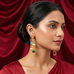 18K Gold Plated Brass Statement Earrings with yellow, blue & green Monalisa Stones