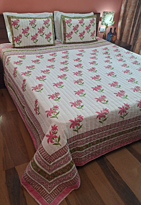 Chaap Home Collection Hand Block Printed Pink Lily Quilted Bedcover  with Quilted Pillow Cover 