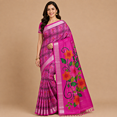 Handprinted Silk Saree|Magenta