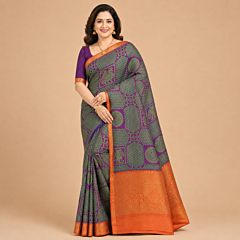 Handcrafted Dual Tone Kancheepuram Silk Saree | Green & Purple