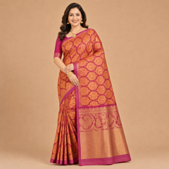 Handcrafted Kancheepuram Silk Saree | Rose Orange